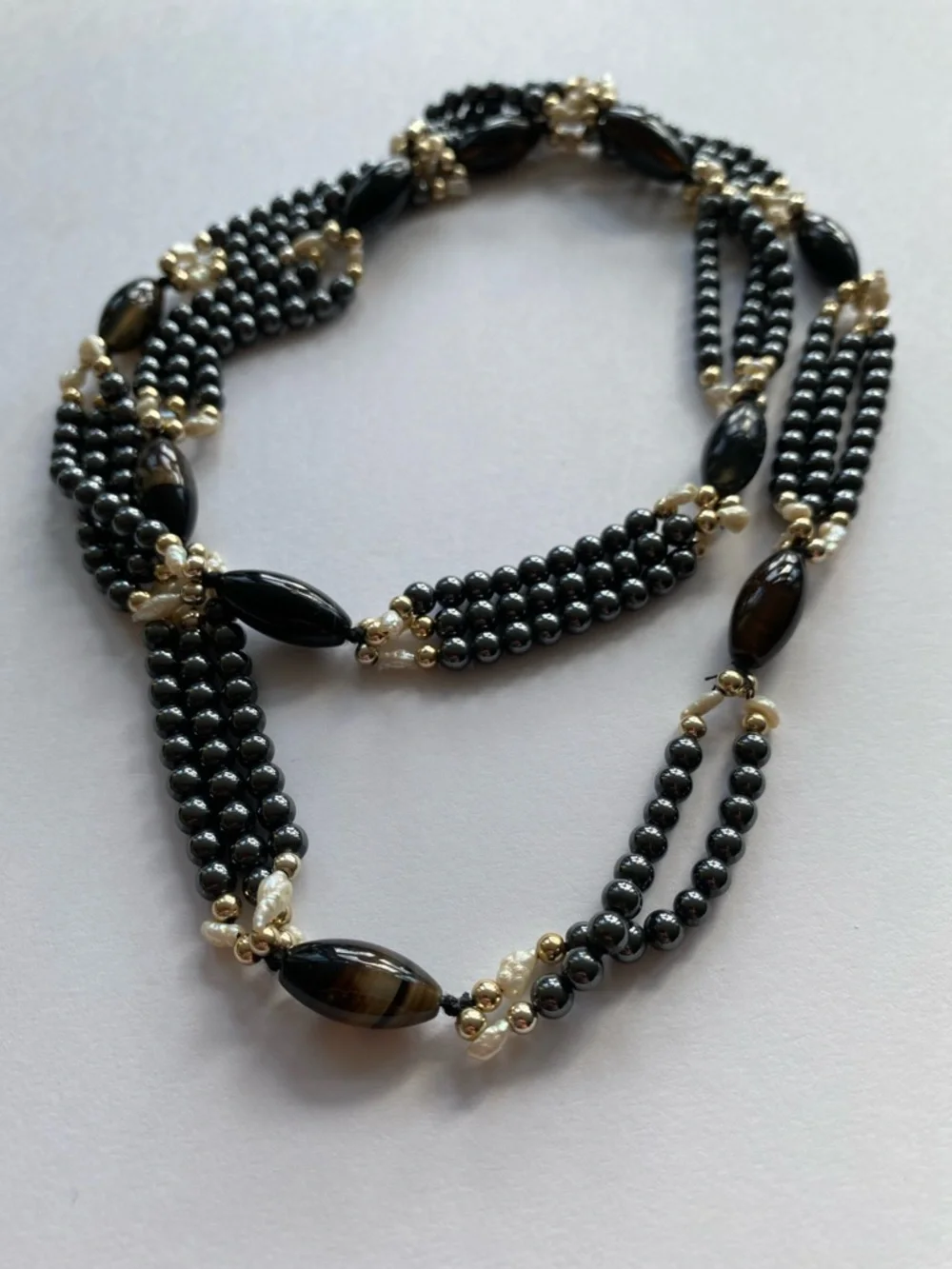 VTG 70s Multi-Strand Liquid Hematite Banded Agate Necklace | Silk Strung | 28" - Picture 14 of 16